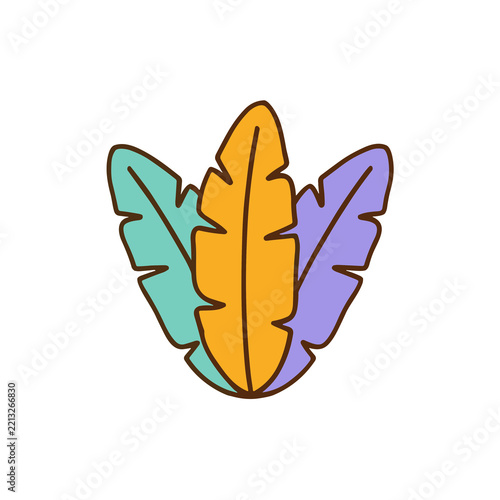 Three stylized leaves in teal, orange, and purple