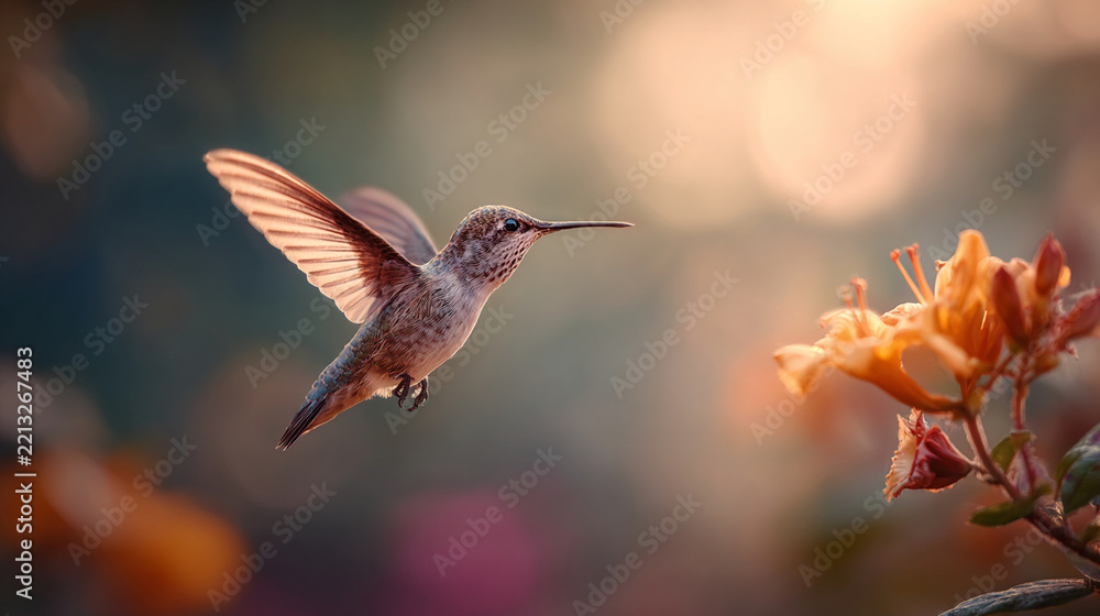 Fototapeta premium Iridescent hummingbird wings spread wide while hovering near bright orange flowers under soft golden sunlight rays