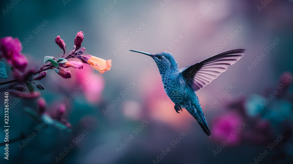 Fototapeta premium Radiant blue hummingbird hovering near vibrant flower captured with soft cinematic lighting and bokeh details