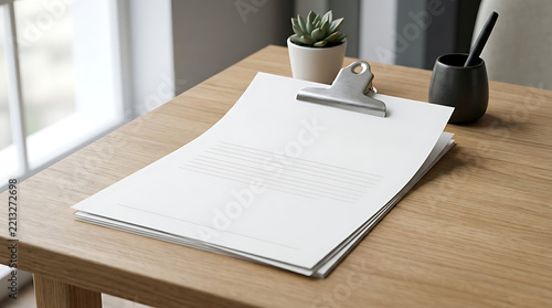 A blank white paper on a metal clipboard with a small potted succulent and a pen holder on a light wooden desk in a bright office room setting isolated on a transparent background
