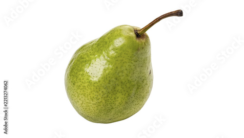 Single ripe sweet green pear fruit with stem isolated on transparent background
