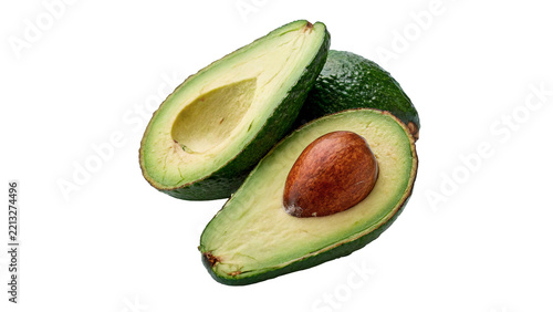 Whole and half sliced fresh green avocado fruits isolated on transparent background