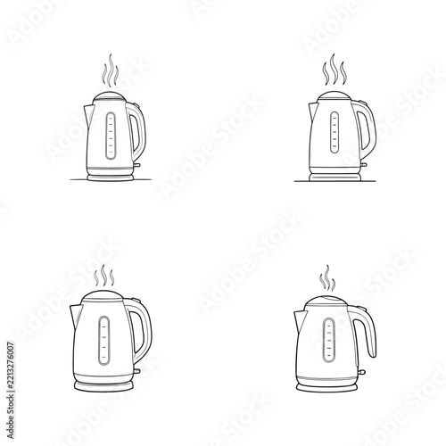 Set of simple outline electric kettles with boiling water steam for kitchen appliance design projects