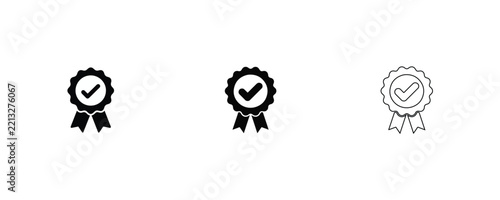 Three different award badge ribbon symbols with check mark for quality and achievement approval design