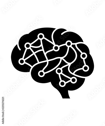 Black and white icon of a human brain featuring a connected network of nodes and lines
