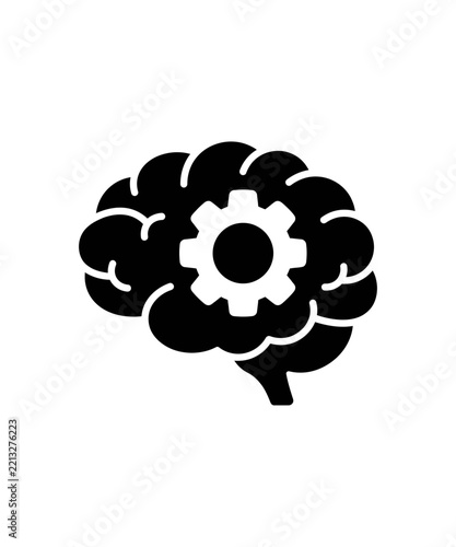 Black silhouette icon of a human brain with a gear symbol representing mental processing and intelligence