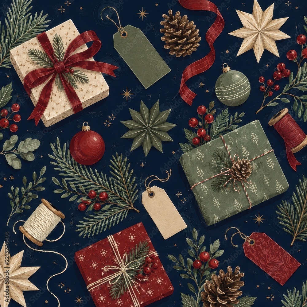 Fototapeta premium Festive Christmas gifts, ornaments, pinecones, tags, evergreen branches