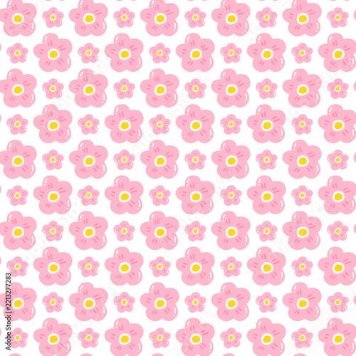 Seamless pattern with cute hand drawn pink flowers on white