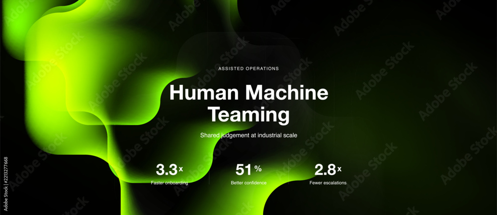 Fototapeta premium Abstract green shapes dominate background. Text highlights human machine teaming, data points show improvements in onboarding, confidence, escalations.