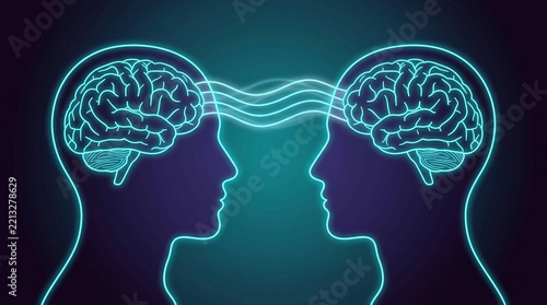 Two brains connected by neural signals, illustrating mental communication, empathy, or telepathy in a futuristic glowing style