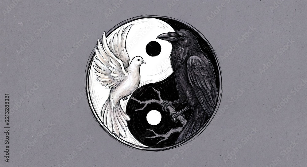 Fototapeta premium Dove and raven intertwined in yin yang symbol