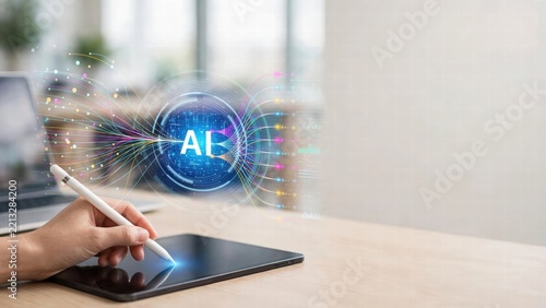 Modern Digital Creation with AI Technology Concept and Stylus on Tablet Surrounded by Light Trails and Bright Particles in Contemporary Workspace