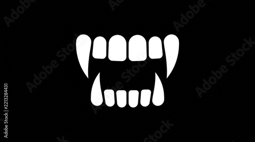 Minimalist white vampire teeth icon on black background for horror or Halloween design projects