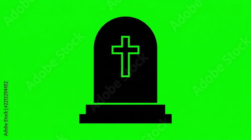 Black tombstone with cross icon on green screen for design projects and memorial themes