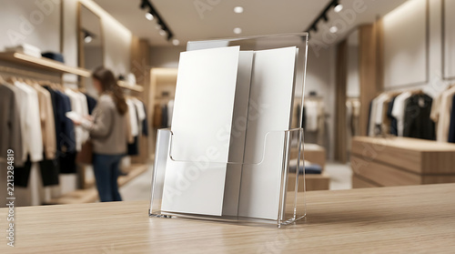 Clear acrylic brochure holder with blank white paper inserts standing on a light wooden countertop inside a blurred clothing retail store isolated on a transparent background
