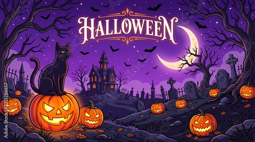 Halloween Illustration with Black Cat on Jack O Lantern Pumpkin in Spooky Graveyard with Haunted House and Crescent Moon