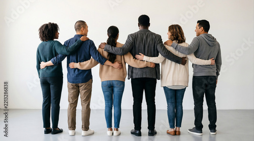 Group of diverse people standing together with arms around each other back view