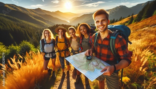 A warm, inviting scene of a group of friends hiking on a mountain trail, one of them holding a compass and a topographic map, with a stunning, Ai generated image