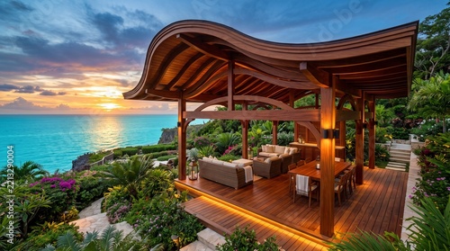 Modern Wooden Pavilion with Elegant Fabric Accents and Outdoor Lounge 3