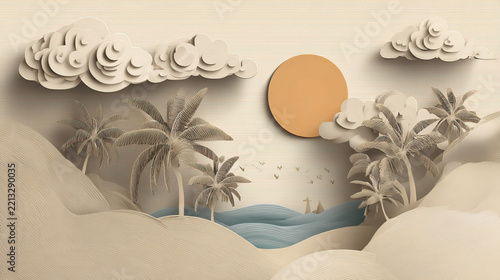 beach with sun clouds in paper style