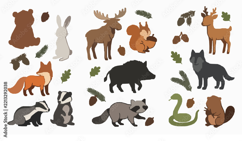 Fototapeta premium Whimsical Woodland Animals Vector Set with Cute Forest Bear Fox Hare Elk and Raccoon