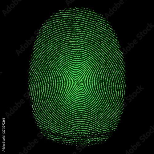 Digital fingerprint scan made of glowing green particles and lines, biometric security, identification, technology, data, cyber security