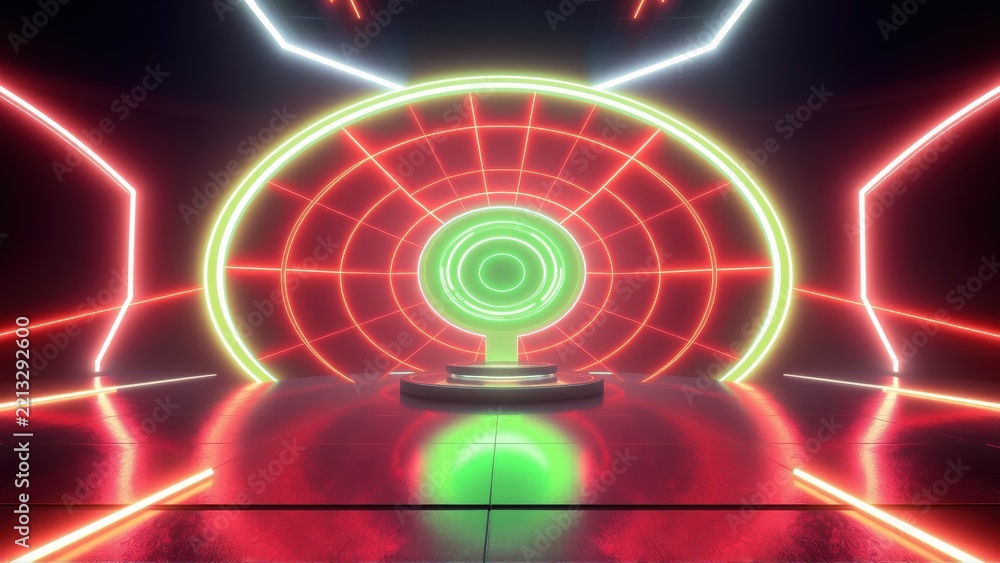Fototapeta premium Futuristic interior. Neon lights create geometric shapes, glowing lines, dark background. Reflective floor enhances visual impact.