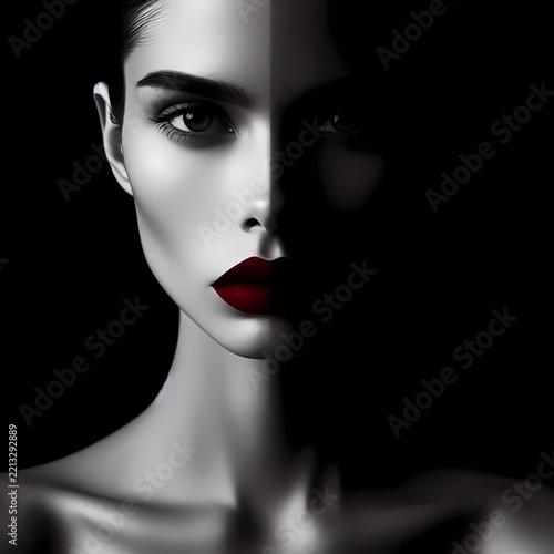 A stark, high-contrast portrait of a woman with sharp, geometric features, her face half-lit and half in shadow, with a single, bold, red lip, Ai generated image
