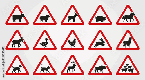 Warning Signs Featuring Various Farm and Wild Animals Crossing Symbols