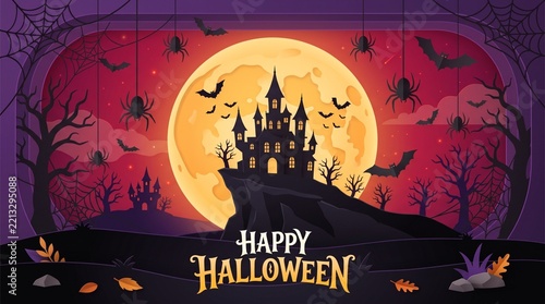 Halloween Illustration with Haunted Castle Silhouette, Full Moon, Flying Bats, and Spiders on Purple Background