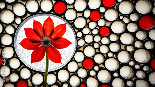 Abstract Red Flower with Modern Geometric Circle Pattern Background