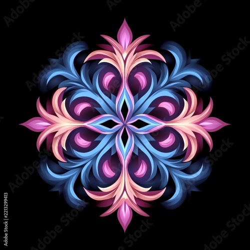 Elegant Abstract Floral Ornament Mandala Design with Vibrant Gradient Colors on Black Background