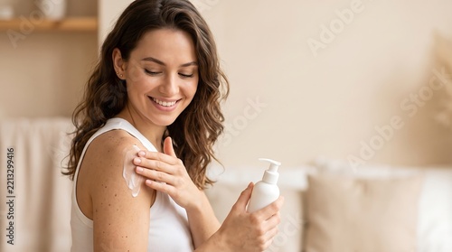 Happy woman applying body lotion or moisturizing cream onto her shoulder with body care skin health beauty routine self care body treatment skincare product daily routine
