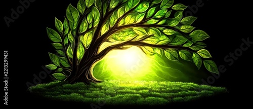 Enchanting Glowing Tree with Lush Green Leaves and Grassy Meadow Illustration