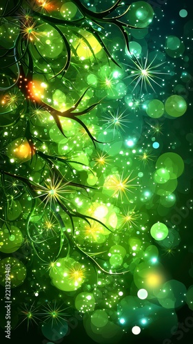 Abstract Green Sparkle Background with Bokeh Lights and Glowing Forest Elements