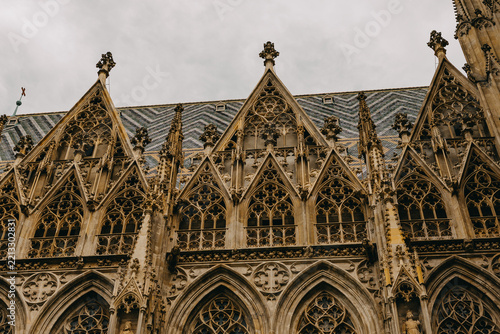 gothic cathedral facade detail with pointy arches, tracery windows, pinnacles, carved ornament, tiled pattern