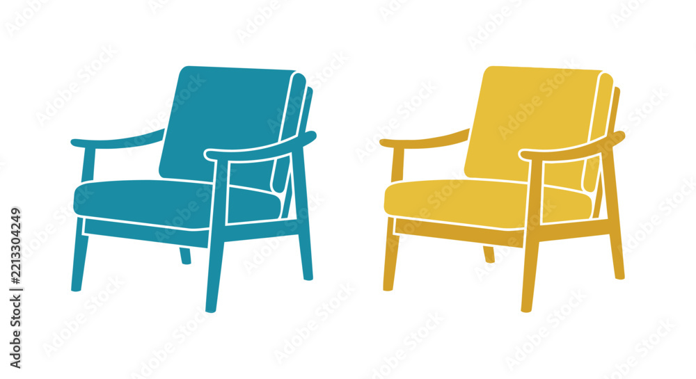 Obraz premium Two mid century modern armchairs in teal and yellow flat vector illustration