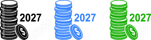 Year 2027 financial growth vector icon illustration featuring stacks of gold coins and US dollar currency symbols in black, green, and blue color variations for business concepts.