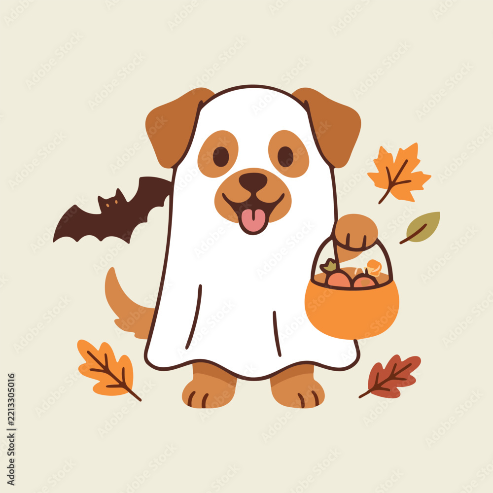 Fototapeta premium Cute Halloween Ghost Dog With Pumpkin Basket Autumn Leaves Vector Design