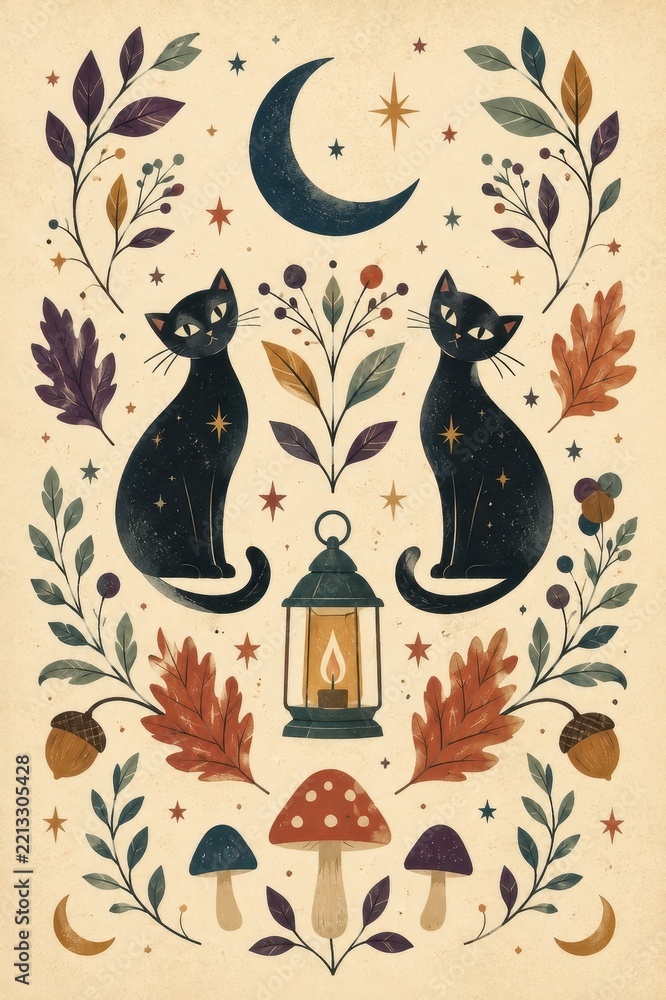 Obraz premium Mystical vintage autumn poster with black cats, moon, lantern, mushrooms