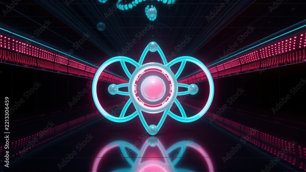Fototapeta premium Futuristic tunnel displays glowing atom symbol. Pink, teal colors dominate dark space. Reflections create symmetrical visual effect.