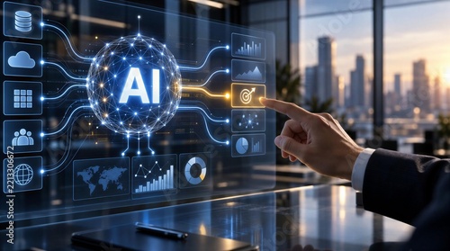 Business professional interacting with AI data analytics dashboard