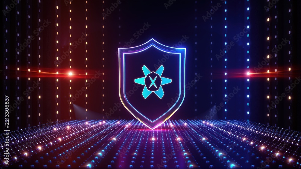 Fototapeta premium Futuristic shield icon glows amidst digital tunnel. Red, blue lights create dramatic, tech aesthetic. Data streams converge toward center.