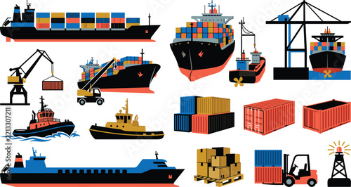 Commercial ocean freight transport displaying container freighters harbour tugboats forklift loading wooden pallets cargo boxes and beacon light