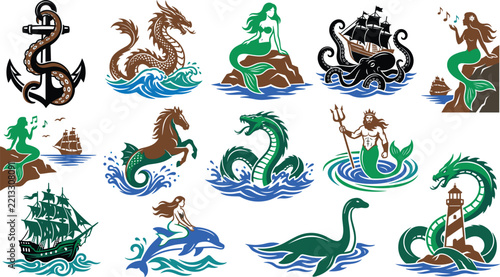 Enchanting oceanic myths showing singing siren dolphin rider leviathan sea dragon triton king water horse vessel anchor
