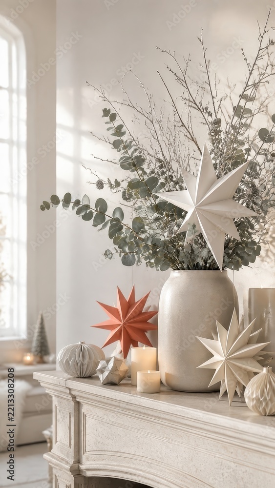 Obraz premium Elegant neutral Christmas mantel with stars, candles and eucalyptus