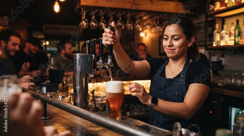 Bartender skillfully pours a fresh pint of beer in a lively, cozy pub at night Generative AI
