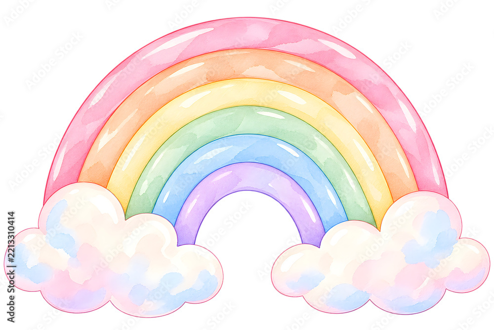Fototapeta premium Pastel Rainbow with Clouds Watercolor Illustration