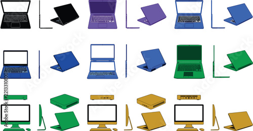 Portable notebook computers and all in one desktop displays with mini pc consoles shown from multiple viewing angles