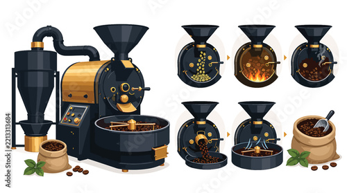 Industrial coffee roaster machine with beans and roasting process